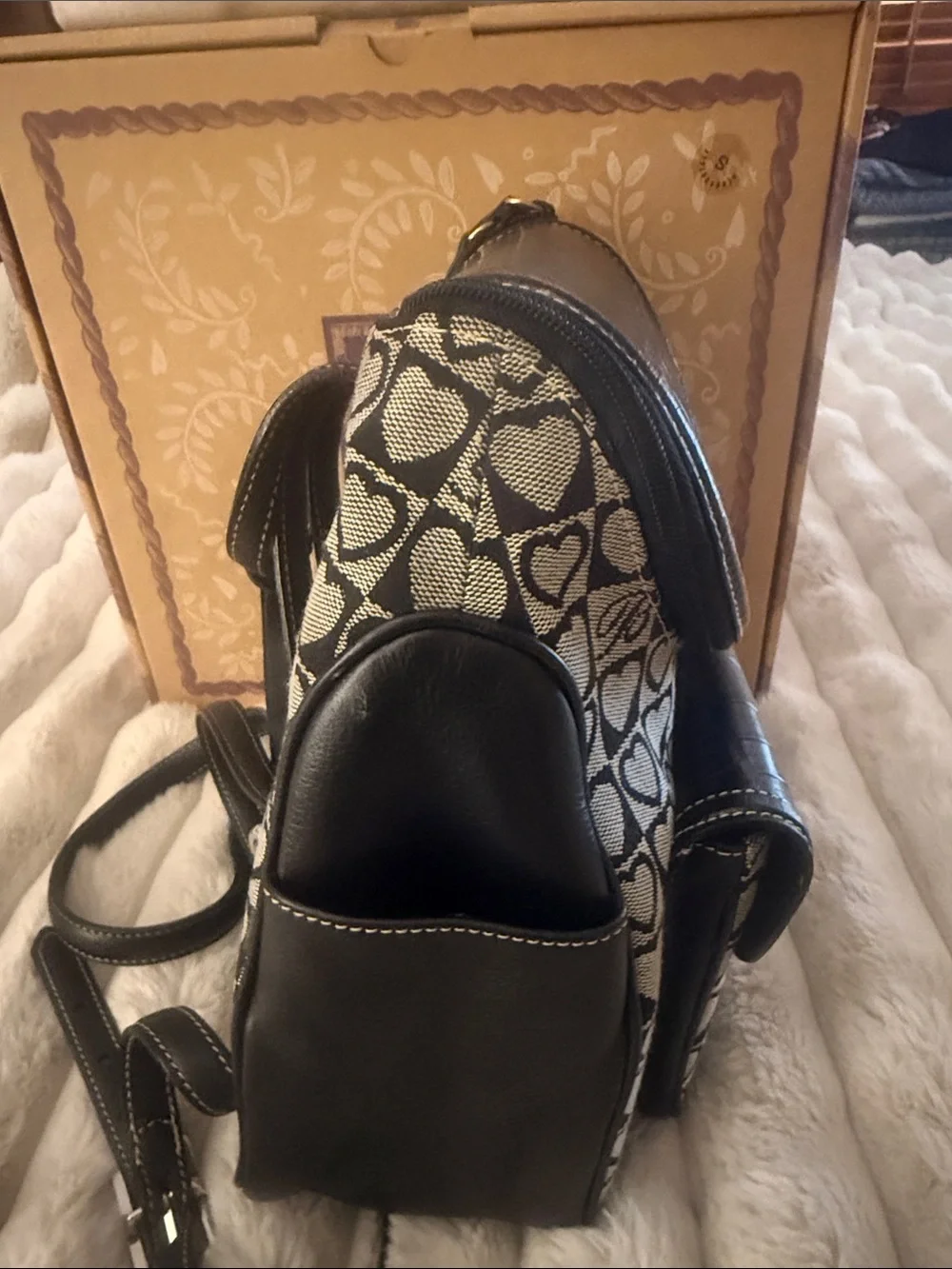 Brighton Black Heart-Pattern Backpack with Croc-Textured Trim